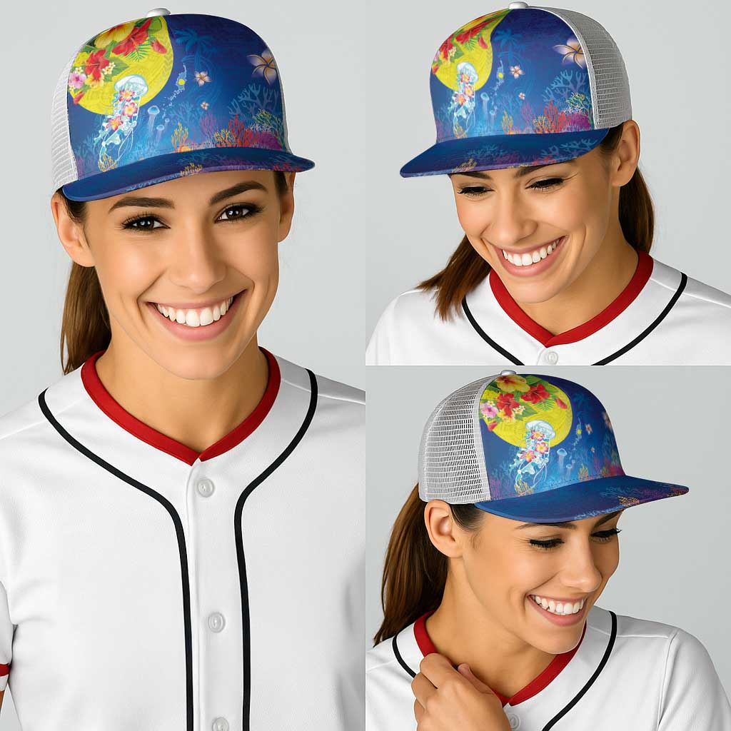 Palau Baseball Net Cap Jellyfish with Coral Reefs Ocean Vibe and Tapa Pattern LT03 - Polynesian Pride