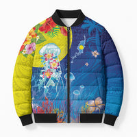 Palau Bomber Puffer Jacket Jellyfish with Coral Reefs Ocean Vibe and Tapa Pattern LT03 Unisex Blue - Polynesian Pride