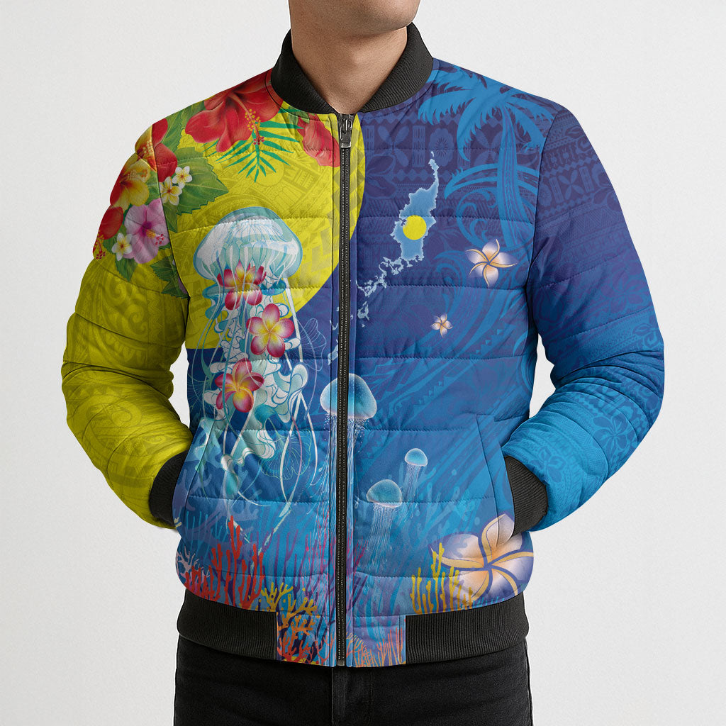 Palau Bomber Puffer Jacket Jellyfish with Coral Reefs Ocean Vibe and Tapa Pattern LT03 - Polynesian Pride