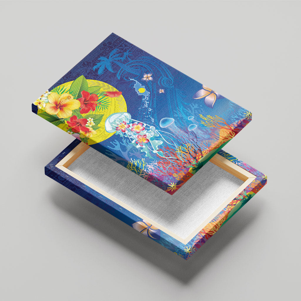 Palau Canvas Wall Art Jellyfish with Coral Reefs Ocean Vibe and Tapa Pattern LT03 - Polynesian Pride