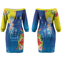 Palau Couples Matching Off The Shoulder Long Sleeve Dress and Hawaiian Shirt Jellyfish with Coral Reefs Ocean Vibe and Tapa Pattern LT03 - Polynesian Pride