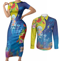 Palau Couples Matching Short Sleeve Bodycon Dress and Long Sleeve Button Shirt Jellyfish with Coral Reefs Ocean Vibe and Tapa Pattern LT03 Blue - Polynesian Pride