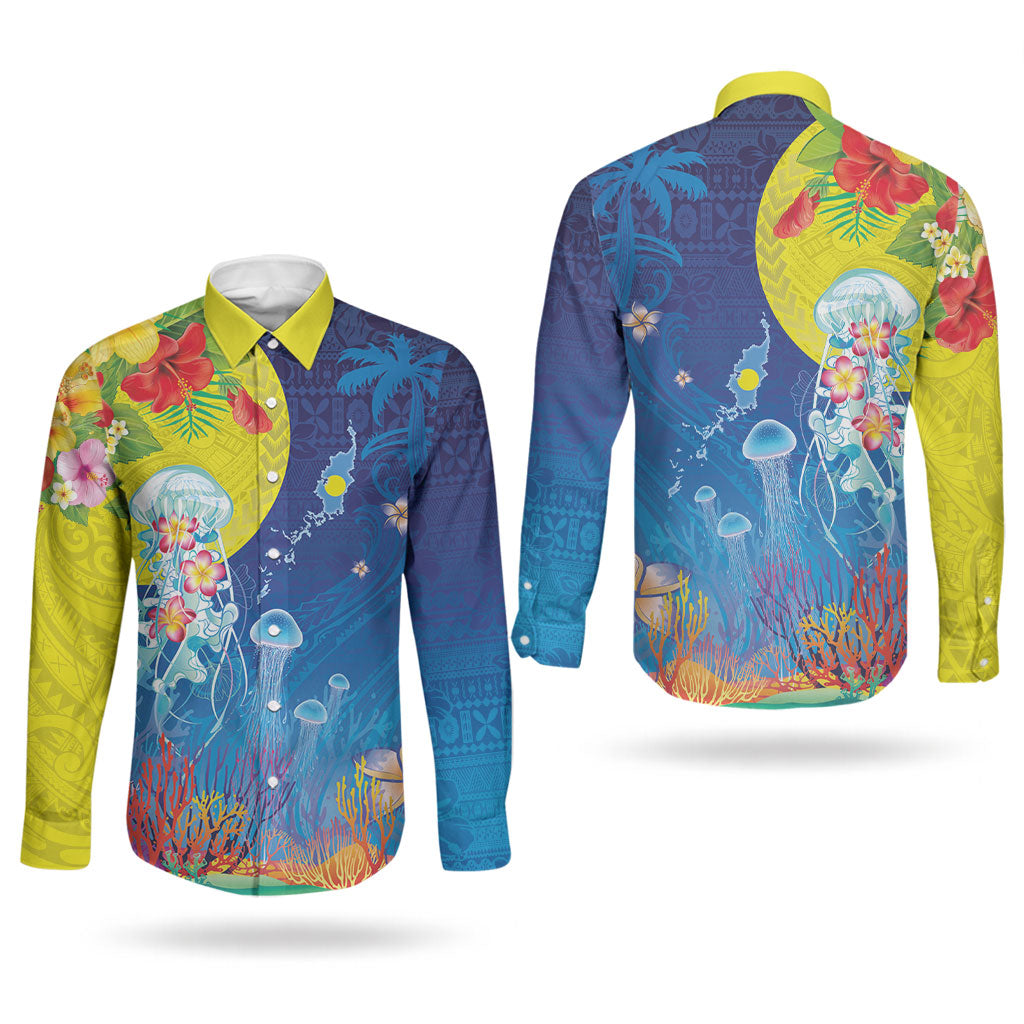 Palau Couples Matching Short Sleeve Bodycon Dress and Long Sleeve Button Shirt Jellyfish with Coral Reefs Ocean Vibe and Tapa Pattern LT03 - Polynesian Pride