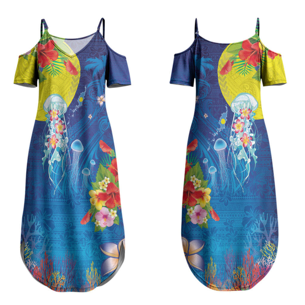 Palau Couples Matching Summer Maxi Dress and Long Sleeve Button Shirt Jellyfish with Coral Reefs Ocean Vibe and Tapa Pattern LT03 - Polynesian Pride