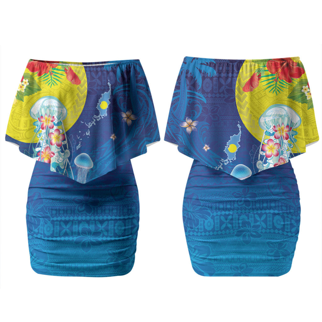 Palau Family Matching Off Shoulder Short Dress and Hawaiian Shirt Jellyfish with Coral Reefs Ocean Vibe and Tapa Pattern LT03 Mom's Dress Blue - Polynesian Pride