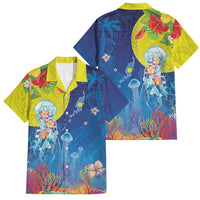 Palau Family Matching Off Shoulder Short Dress and Hawaiian Shirt Jellyfish with Coral Reefs Ocean Vibe and Tapa Pattern LT03 Dad's Shirt - Short Sleeve Blue - Polynesian Pride