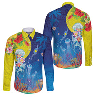 Palau Family Matching Off Shoulder Short Dress and Hawaiian Shirt Jellyfish with Coral Reefs Ocean Vibe and Tapa Pattern LT03 Dad's Shirt - Long Sleeve Blue - Polynesian Pride