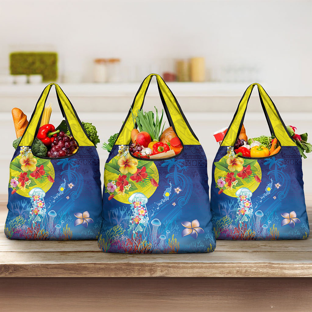 Palau Grocery Bag Jellyfish with Coral Reefs Ocean Vibe and Tapa Pattern LT03 3-pack One Size Blue - Polynesian Pride