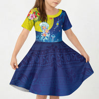 Palau Kid Short Sleeve Dress Jellyfish with Coral Reefs Ocean Vibe and Tapa Pattern LT03 KID Blue - Polynesian Pride