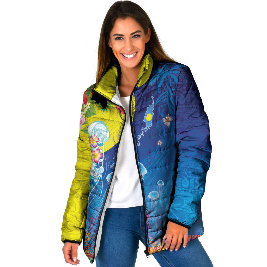 Palau Padded Jacket Jellyfish with Coral Reefs Ocean Vibe and Tapa Pattern LT03 Women Blue - Polynesian Pride
