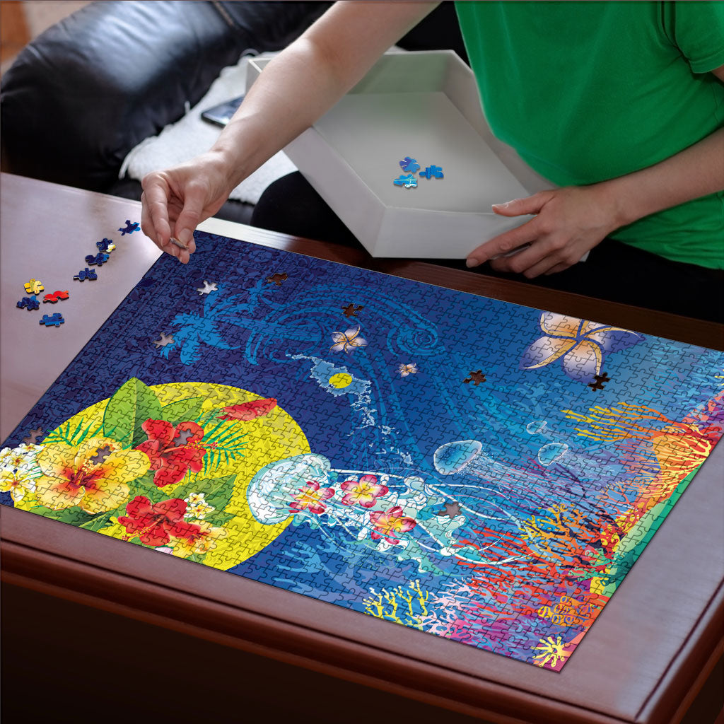 Palau Puzzle Jellyfish with Coral Reefs Ocean Vibe and Tapa Pattern LT03 - Polynesian Pride