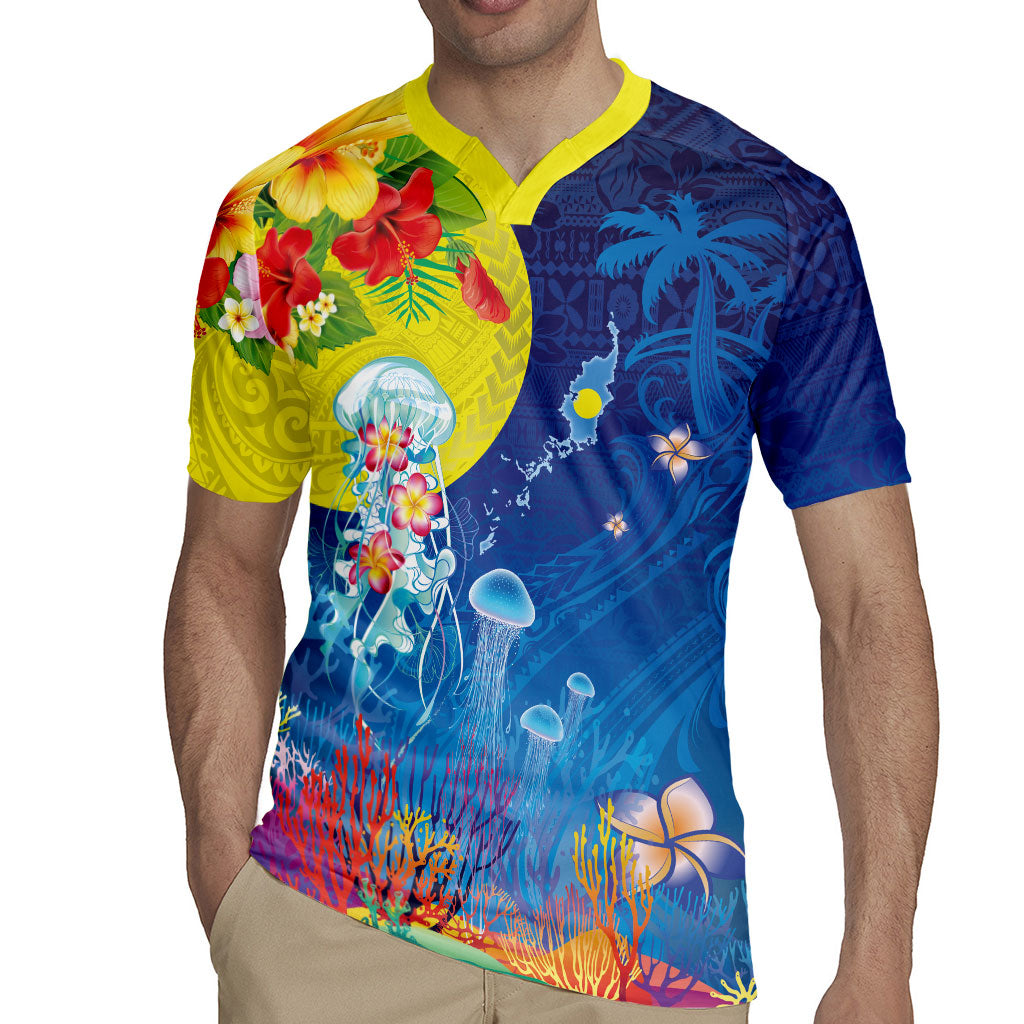Palau Rugby Jersey Jellyfish with Coral Reefs Ocean Vibe and Tapa Pattern LT03 - Polynesian Pride
