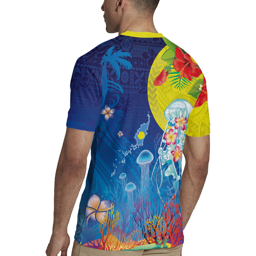 Palau Rugby Jersey Jellyfish with Coral Reefs Ocean Vibe and Tapa Pattern LT03 - Polynesian Pride