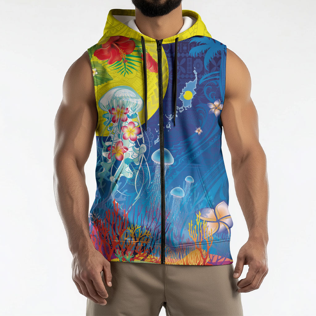 Palau Sleeveless Zip Hoodie Jellyfish with Coral Reefs Ocean Vibe and Tapa Pattern LT03 - Polynesian Pride