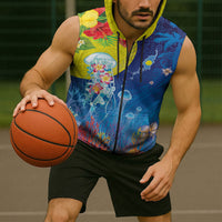 Palau Sleeveless Zip Hoodie Jellyfish with Coral Reefs Ocean Vibe and Tapa Pattern LT03 - Polynesian Pride