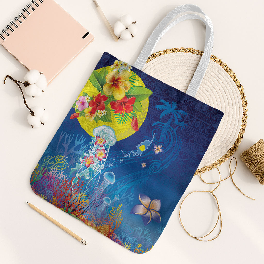 Palau Tote Bag Jellyfish with Coral Reefs Ocean Vibe and Tapa Pattern LT03 White Strap One Size Blue - Polynesian Pride
