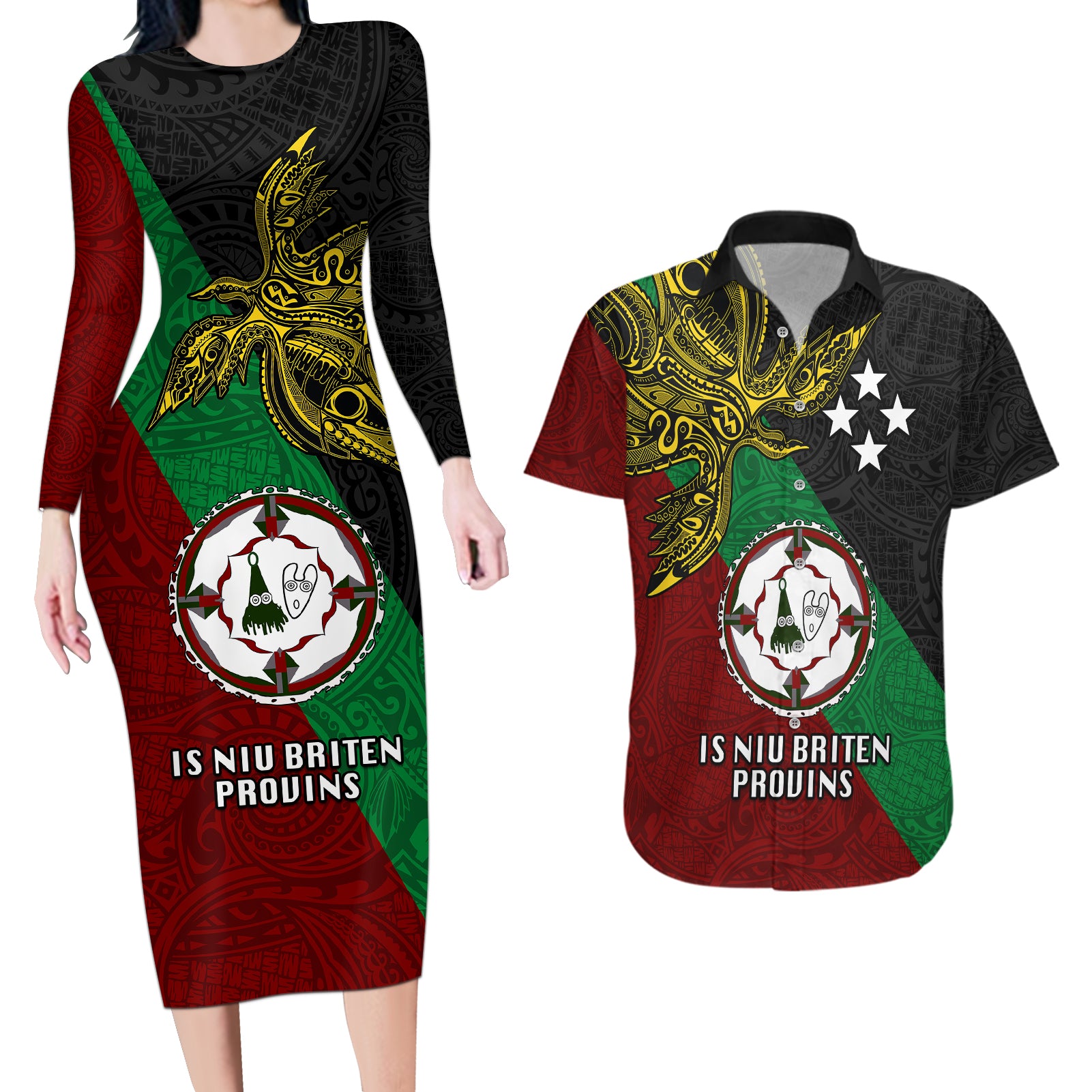 Papua New Guinea East New Britain Province Couples Matching Long Sleeve Bodycon Dress and Hawaiian Shirt PNG Birds Of Paradise Polynesian Arty Style LT03 Green - Polynesian Pride