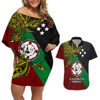 Papua New Guinea East New Britain Province Couples Matching Off Shoulder Short Dress and Hawaiian Shirt PNG Birds Of Paradise Polynesian Arty Style LT03 Green - Polynesian Pride