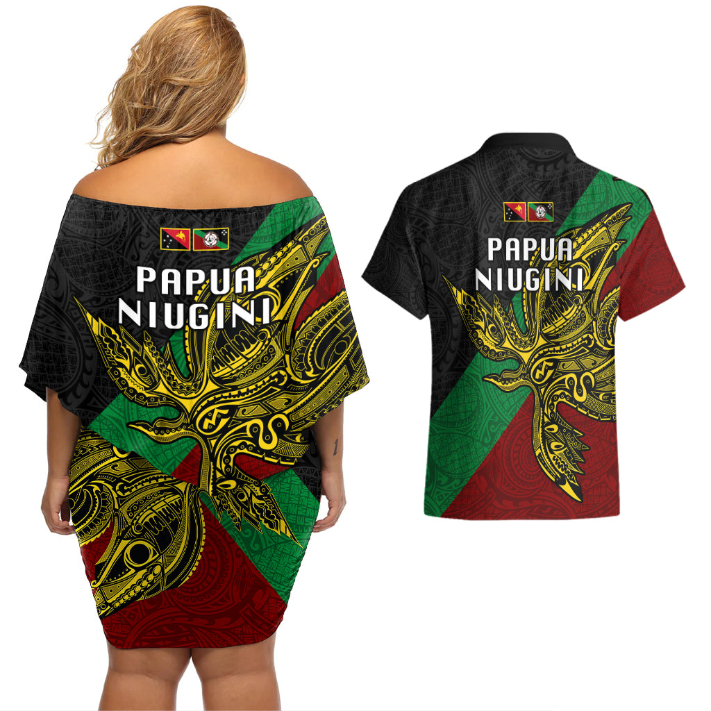 Papua New Guinea East New Britain Province Couples Matching Off Shoulder Short Dress and Hawaiian Shirt PNG Birds Of Paradise Polynesian Arty Style LT03 - Polynesian Pride
