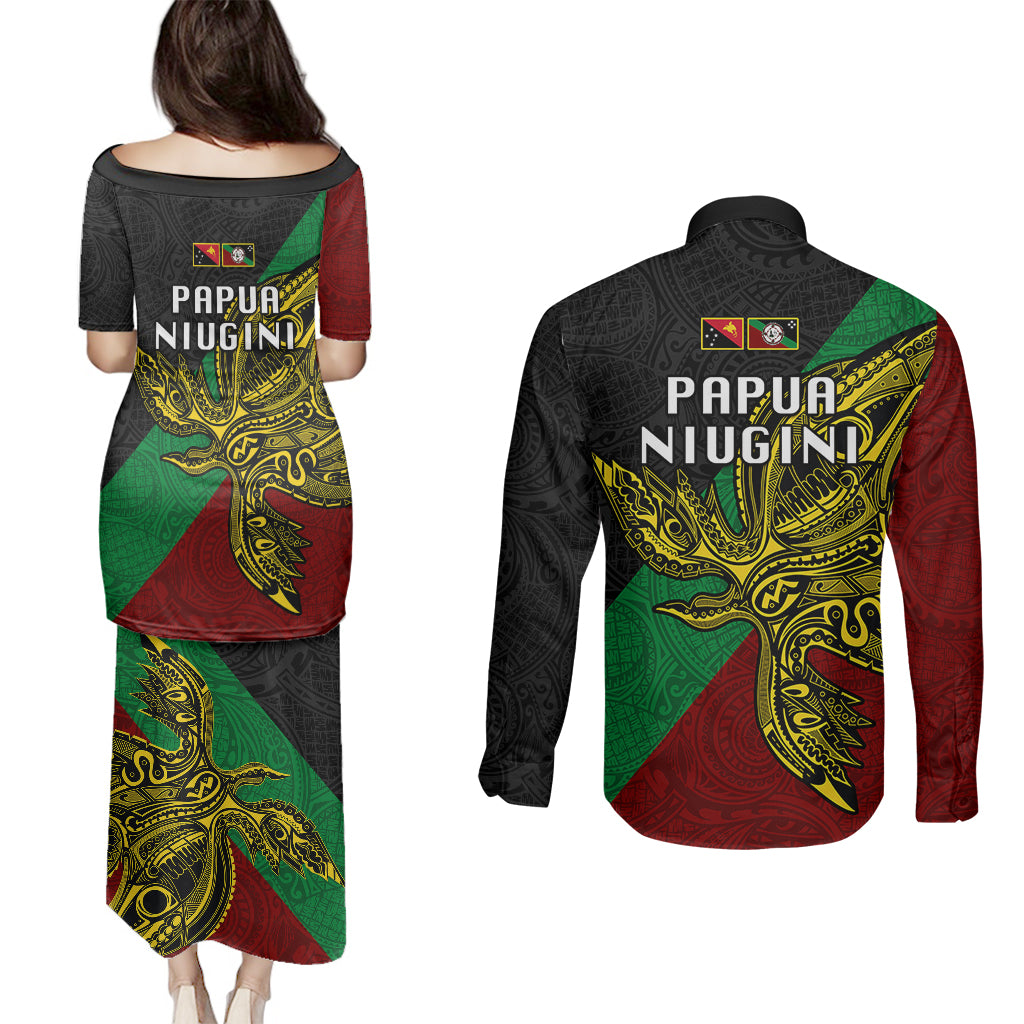 Papua New Guinea East New Britain Province Couples Matching Puletasi Dress and Long Sleeve Button Shirts PNG Birds Of Paradise Polynesian Arty Style LT03 - Polynesian Pride