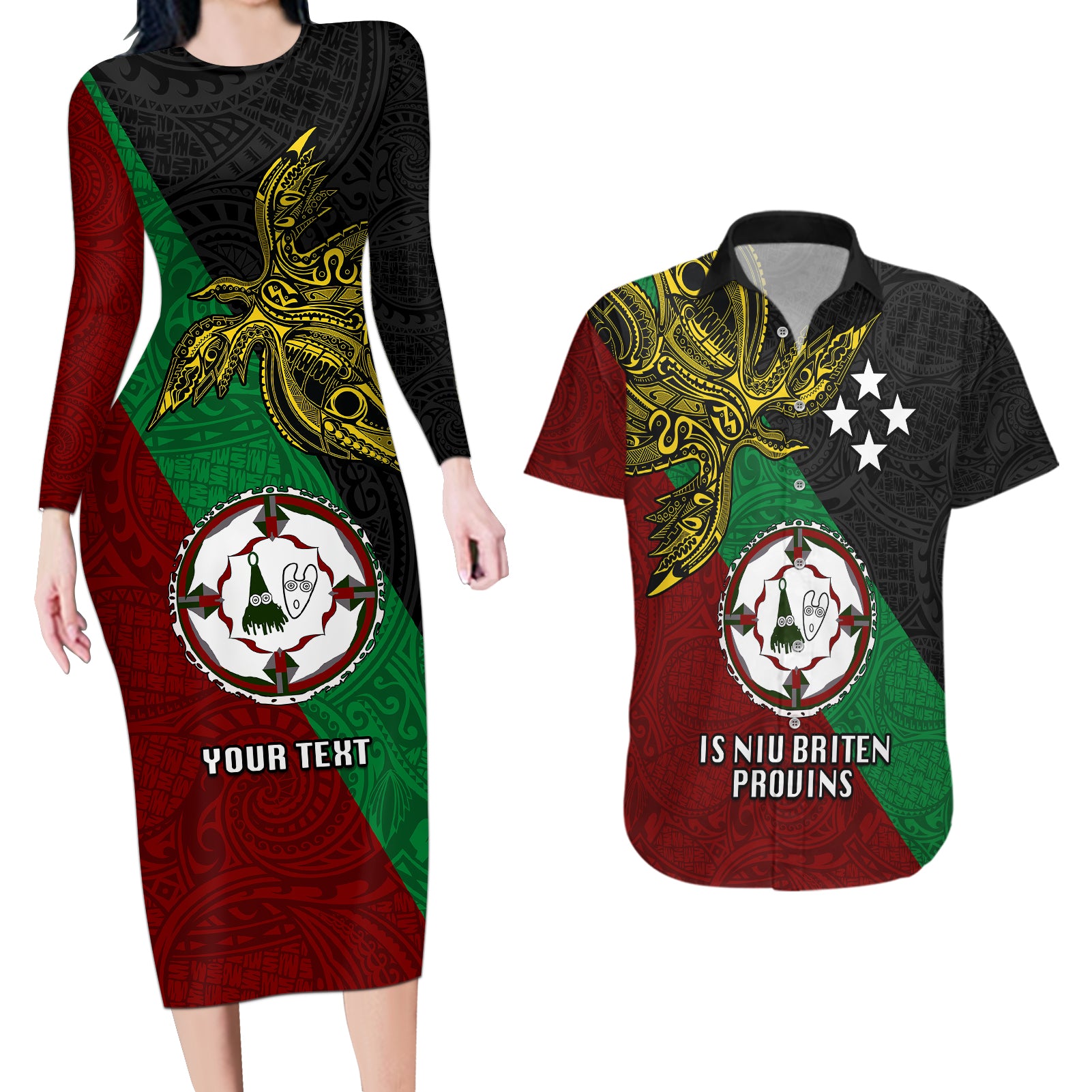 Custom Papua New Guinea East New Britain Province Couples Matching Long Sleeve Bodycon Dress and Hawaiian Shirt PNG Birds Of Paradise Polynesian Arty Style LT03 Green - Polynesian Pride