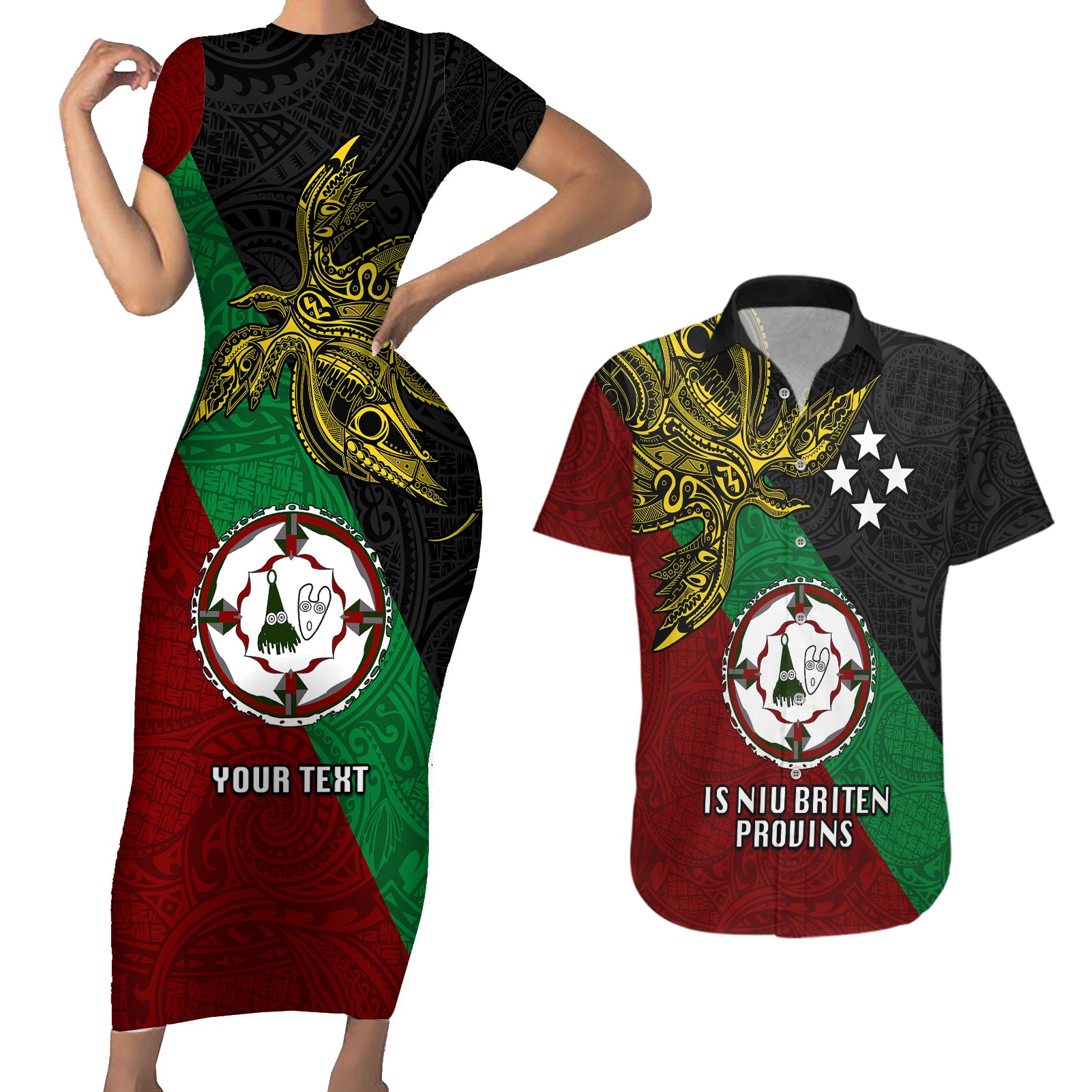 Custom Papua New Guinea East New Britain Province Couples Matching Short Sleeve Bodycon Dress and Hawaiian Shirt PNG Birds Of Paradise Polynesian Arty Style LT03 Green - Polynesian Pride