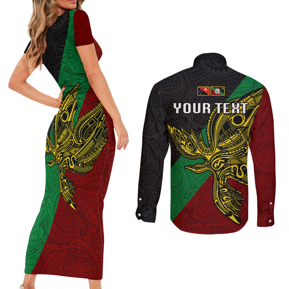 Custom Papua New Guinea East New Britain Province Couples Matching Short Sleeve Bodycon Dress and Long Sleeve Button Shirts PNG Birds Of Paradise Polynesian Arty Style LT03 - Polynesian Pride