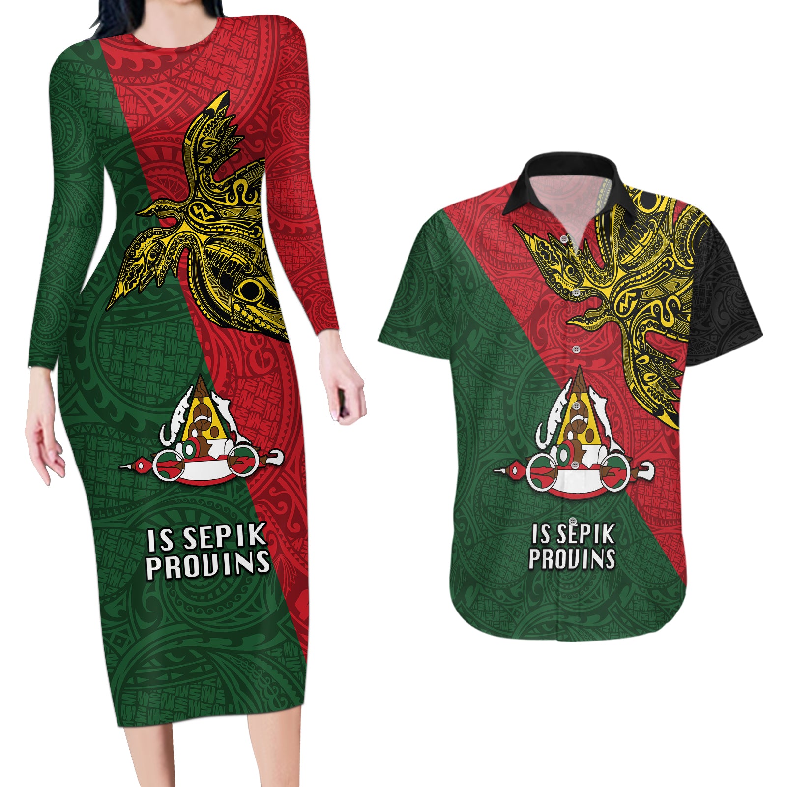 Papua New Guinea East Sepik Province Couples Matching Long Sleeve Bodycon Dress and Hawaiian Shirt PNG Birds Of Paradise Polynesian Arty Style LT03 Green - Polynesian Pride