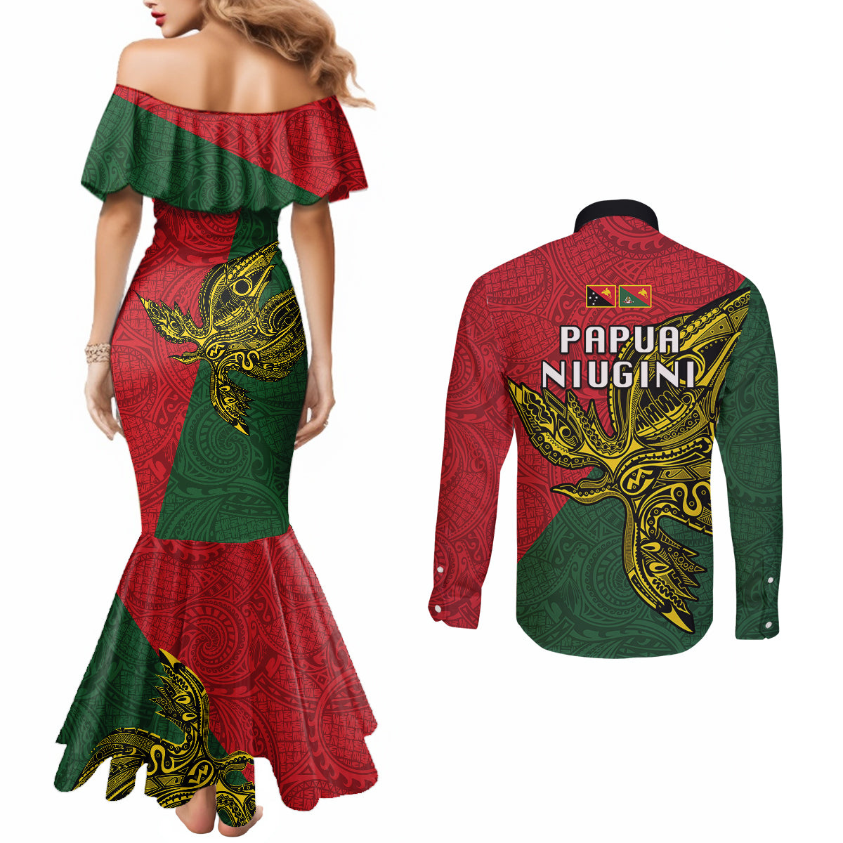 Papua New Guinea East Sepik Province Couples Matching Mermaid Dress and Long Sleeve Button Shirts PNG Birds Of Paradise Polynesian Arty Style LT03 - Polynesian Pride