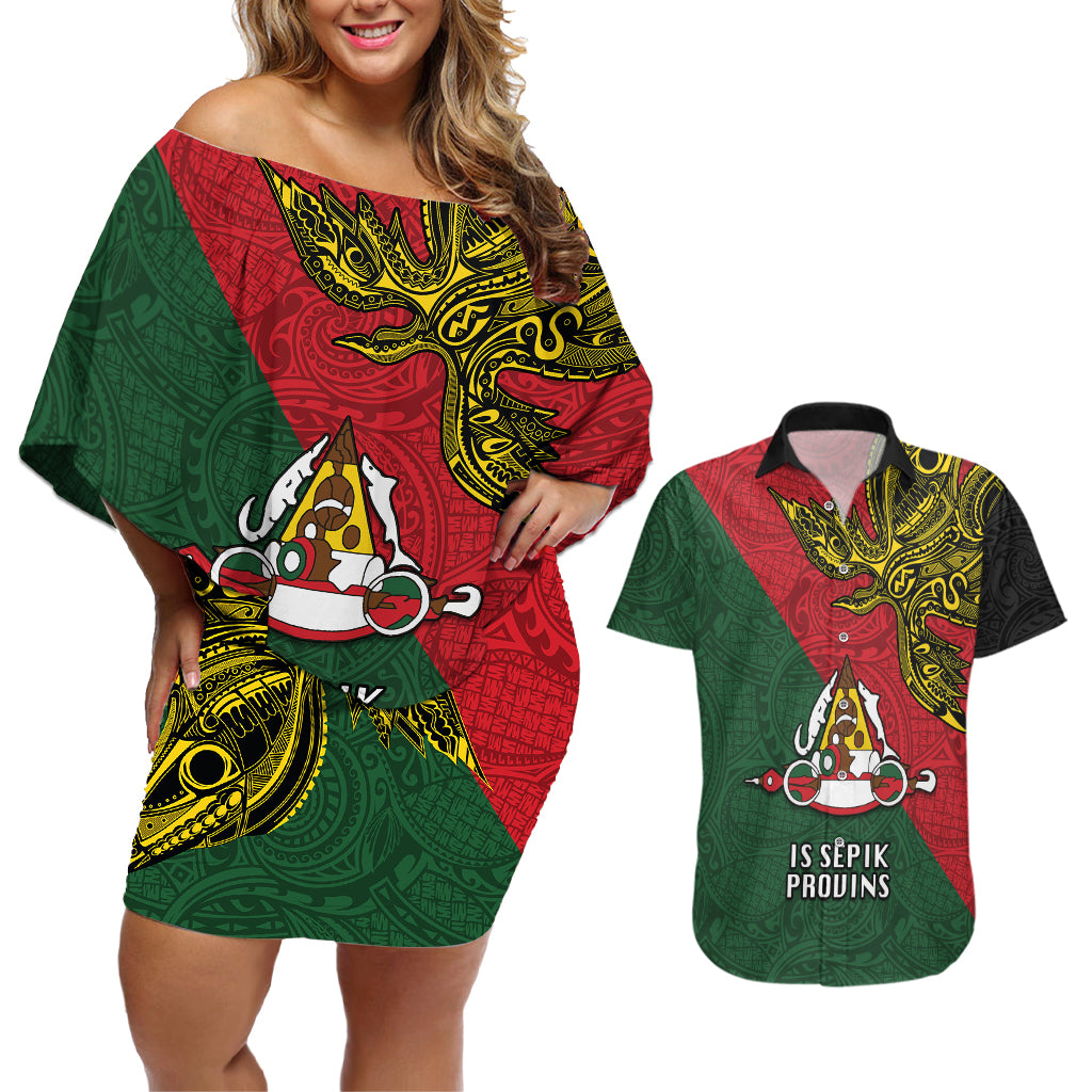 Papua New Guinea East Sepik Province Couples Matching Off Shoulder Short Dress and Hawaiian Shirt PNG Birds Of Paradise Polynesian Arty Style LT03 Green - Polynesian Pride