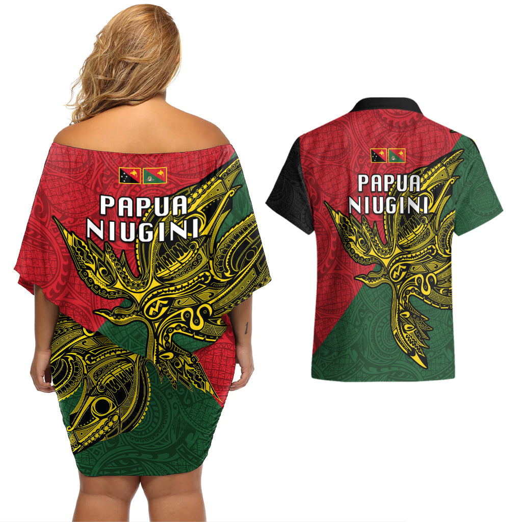 Papua New Guinea East Sepik Province Couples Matching Off Shoulder Short Dress and Hawaiian Shirt PNG Birds Of Paradise Polynesian Arty Style LT03 - Polynesian Pride