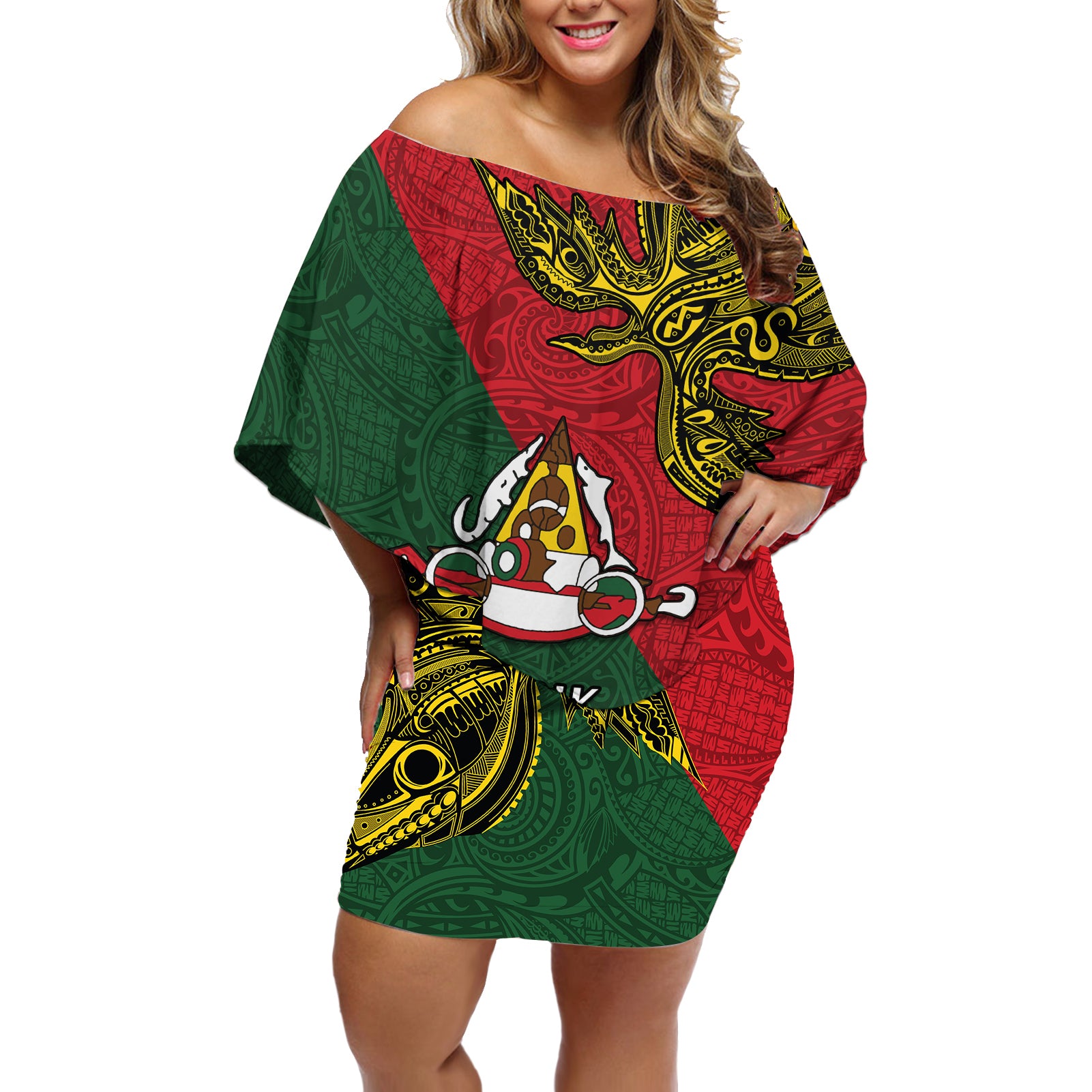 Papua New Guinea East Sepik Province Off Shoulder Short Dress PNG Birds Of Paradise Polynesian Arty Style LT03 Women Green - Polynesian Pride