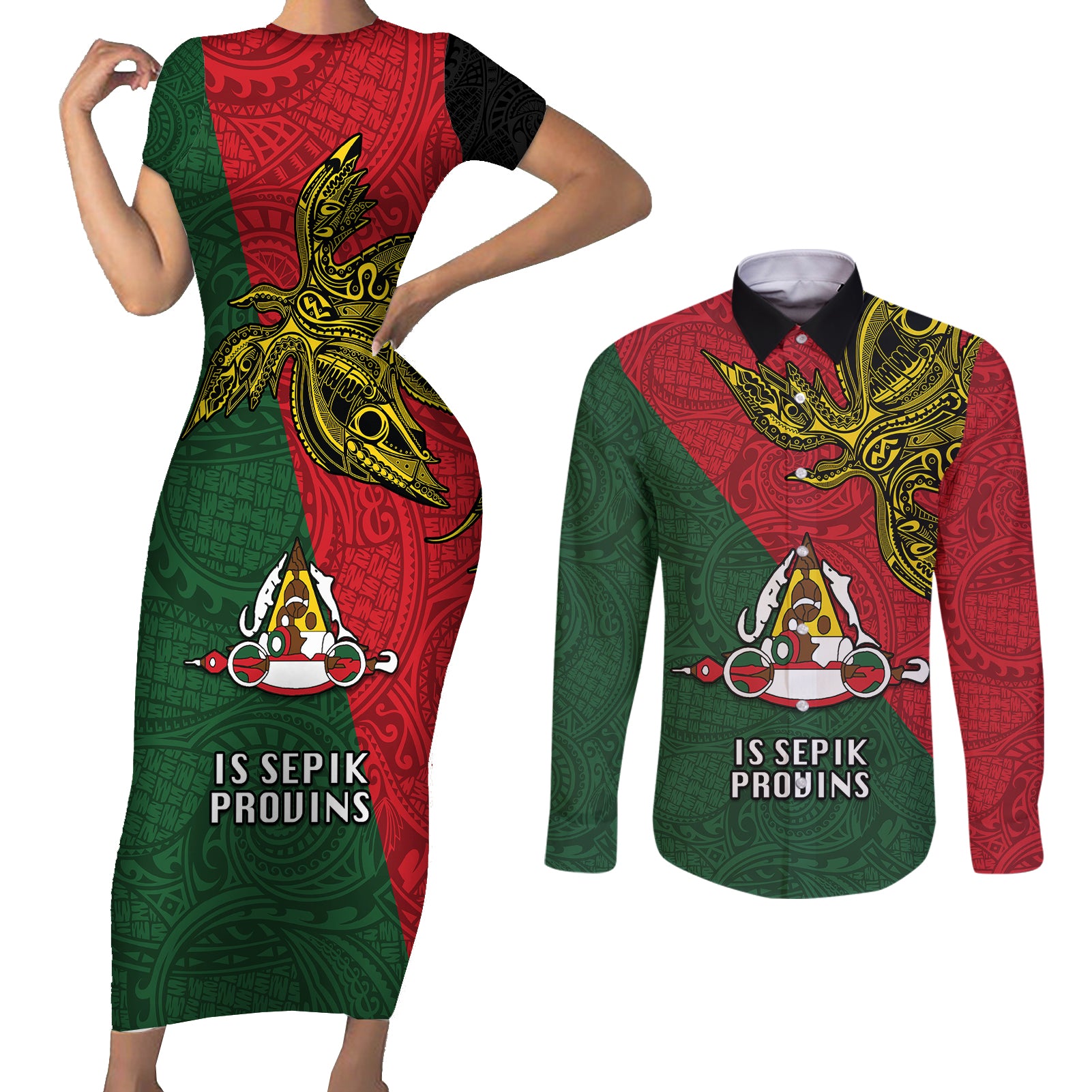 Custom Papua New Guinea East Sepik Province Couples Matching Short Sleeve Bodycon Dress and Long Sleeve Button Shirts PNG Birds Of Paradise Polynesian Arty Style LT03 Green - Polynesian Pride