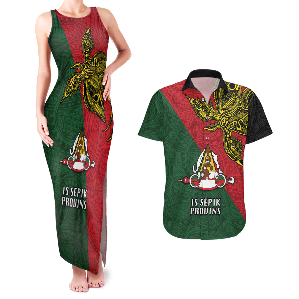 Custom Papua New Guinea East Sepik Province Couples Matching Tank Maxi Dress and Hawaiian Shirt PNG Birds Of Paradise Polynesian Arty Style LT03 Green - Polynesian Pride