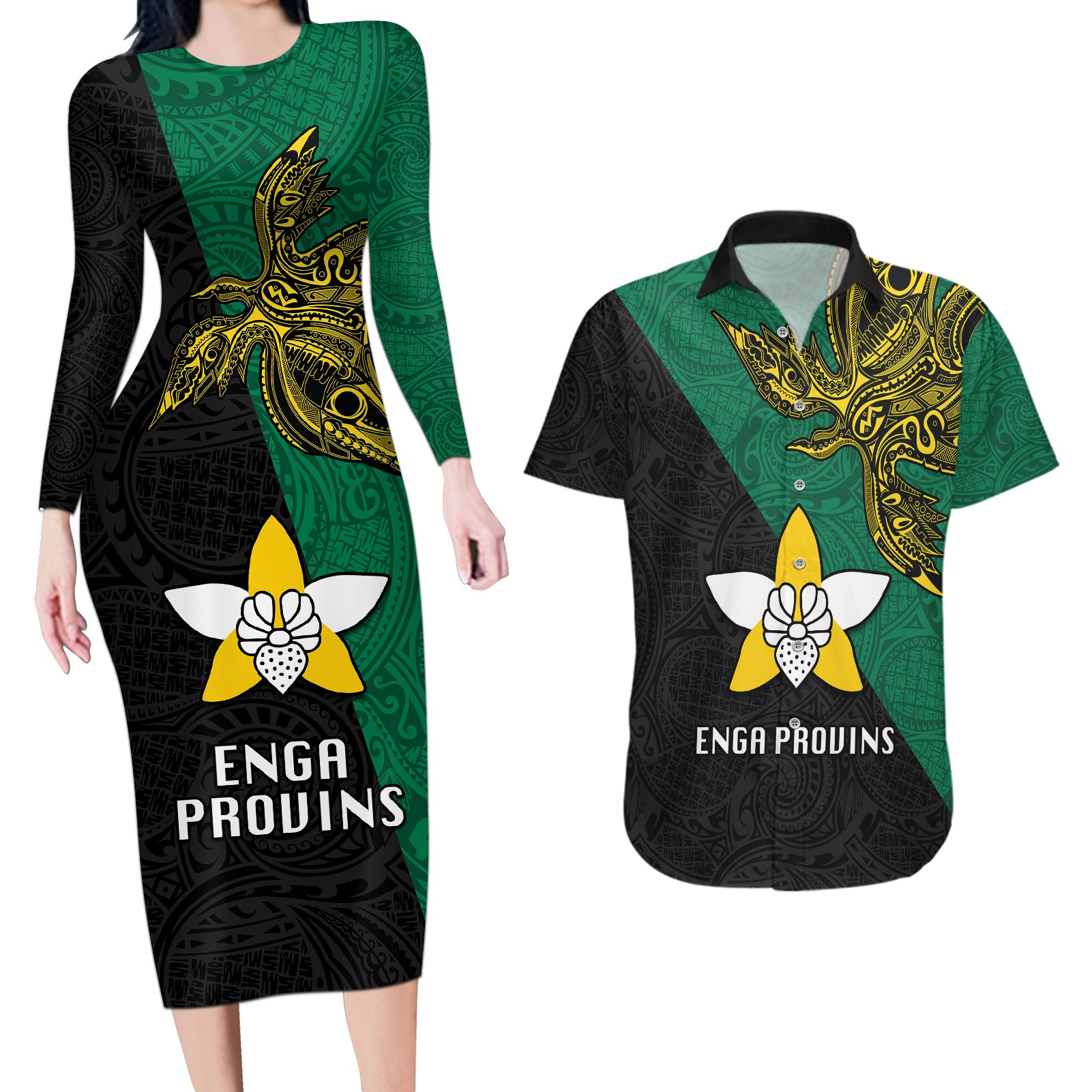 Papua New Guinea Enga Province Couples Matching Long Sleeve Bodycon Dress and Hawaiian Shirt PNG Birds Of Paradise Polynesian Arty Style LT03 Green - Polynesian Pride