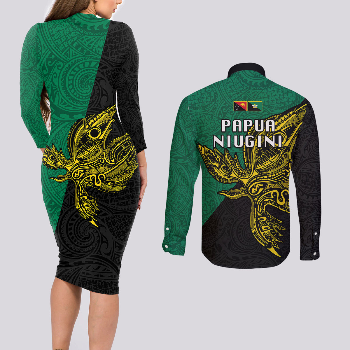 Papua New Guinea Enga Province Couples Matching Long Sleeve Bodycon Dress and Long Sleeve Button Shirts PNG Birds Of Paradise Polynesian Arty Style LT03 - Polynesian Pride