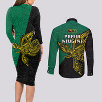 Papua New Guinea Enga Province Couples Matching Long Sleeve Bodycon Dress and Long Sleeve Button Shirts PNG Birds Of Paradise Polynesian Arty Style LT03 - Polynesian Pride