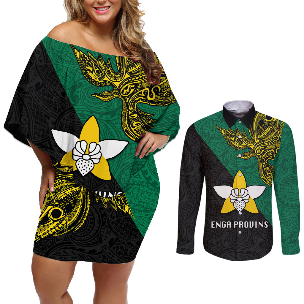 Papua New Guinea Enga Province Couples Matching Off Shoulder Short Dress and Long Sleeve Button Shirts PNG Birds Of Paradise Polynesian Arty Style LT03 Green - Polynesian Pride