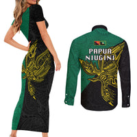 Papua New Guinea Enga Province Couples Matching Short Sleeve Bodycon Dress and Long Sleeve Button Shirts PNG Birds Of Paradise Polynesian Arty Style LT03 - Polynesian Pride