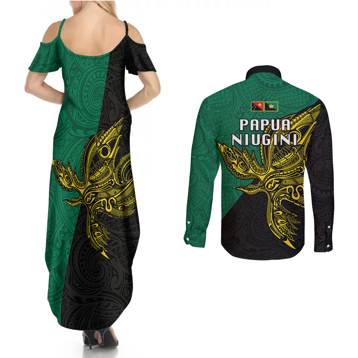 Papua New Guinea Enga Province Couples Matching Summer Maxi Dress and Long Sleeve Button Shirts PNG Birds Of Paradise Polynesian Arty Style LT03 - Polynesian Pride