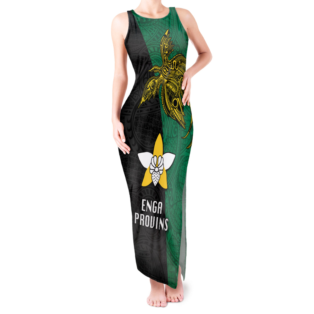 Papua New Guinea Enga Province Tank Maxi Dress PNG Birds Of Paradise Polynesian Arty Style LT03 Women Green - Polynesian Pride