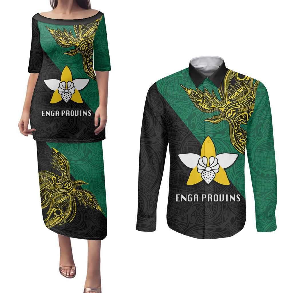 Custom Papua New Guinea Enga Province Couples Matching Puletasi Dress and Long Sleeve Button Shirts PNG Birds Of Paradise Polynesian Arty Style LT03 Green - Polynesian Pride