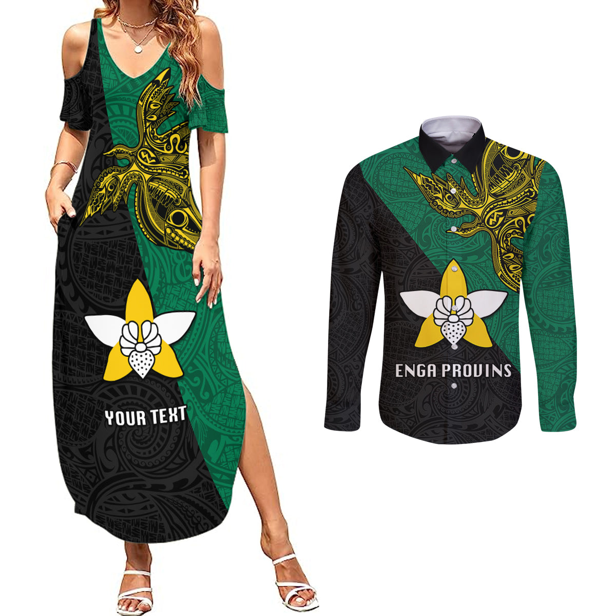 Custom Papua New Guinea Enga Province Couples Matching Summer Maxi Dress and Long Sleeve Button Shirts PNG Birds Of Paradise Polynesian Arty Style LT03 Green - Polynesian Pride