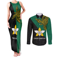 Custom Papua New Guinea Enga Province Couples Matching Tank Maxi Dress and Long Sleeve Button Shirts PNG Birds Of Paradise Polynesian Arty Style LT03 Green - Polynesian Pride