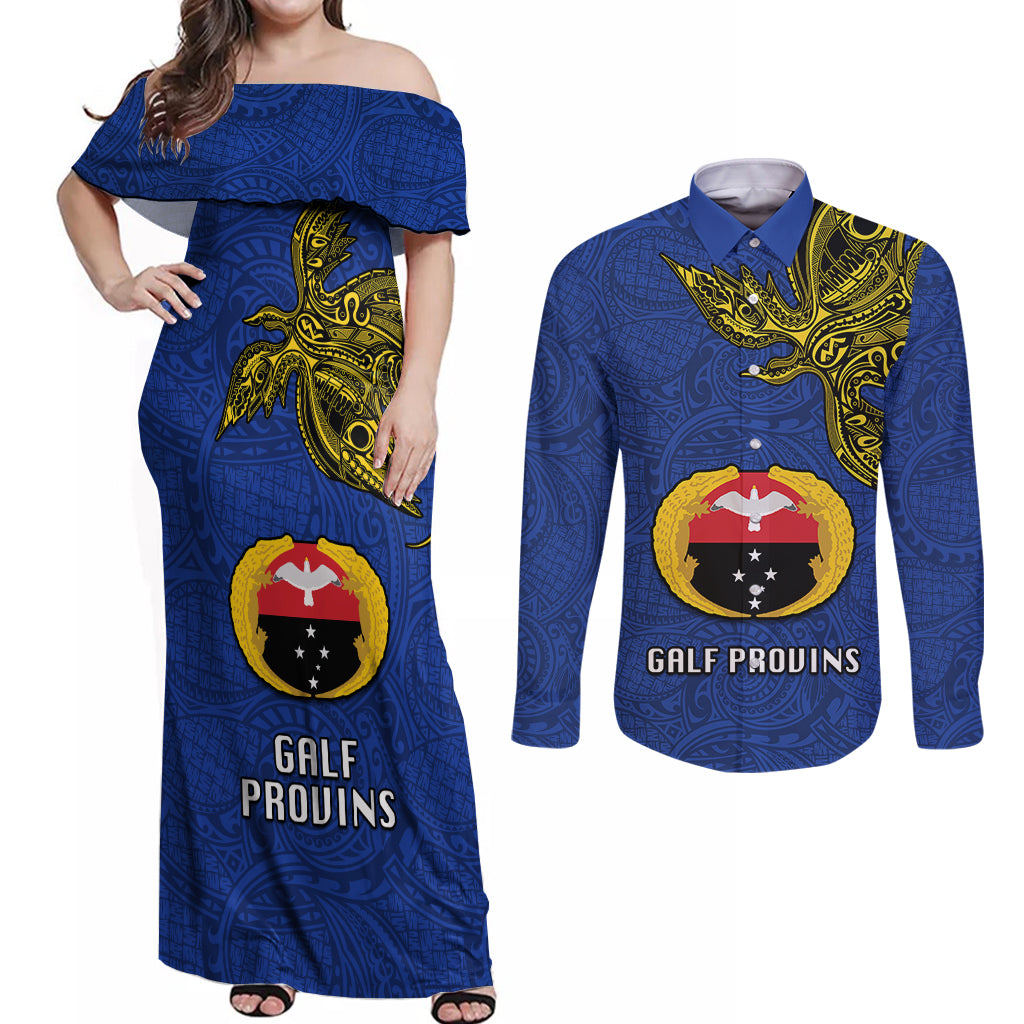 Papua New Guinea Gulf Province Couples Matching Off Shoulder Maxi Dress and Long Sleeve Button Shirts PNG Birds Of Paradise Polynesian Arty Style LT03 Blue - Polynesian Pride
