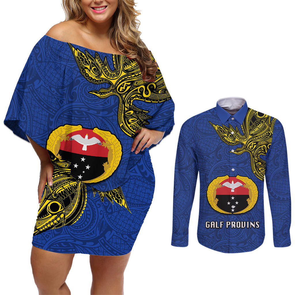 Papua New Guinea Gulf Province Couples Matching Off Shoulder Short Dress and Long Sleeve Button Shirts PNG Birds Of Paradise Polynesian Arty Style LT03 Blue - Polynesian Pride