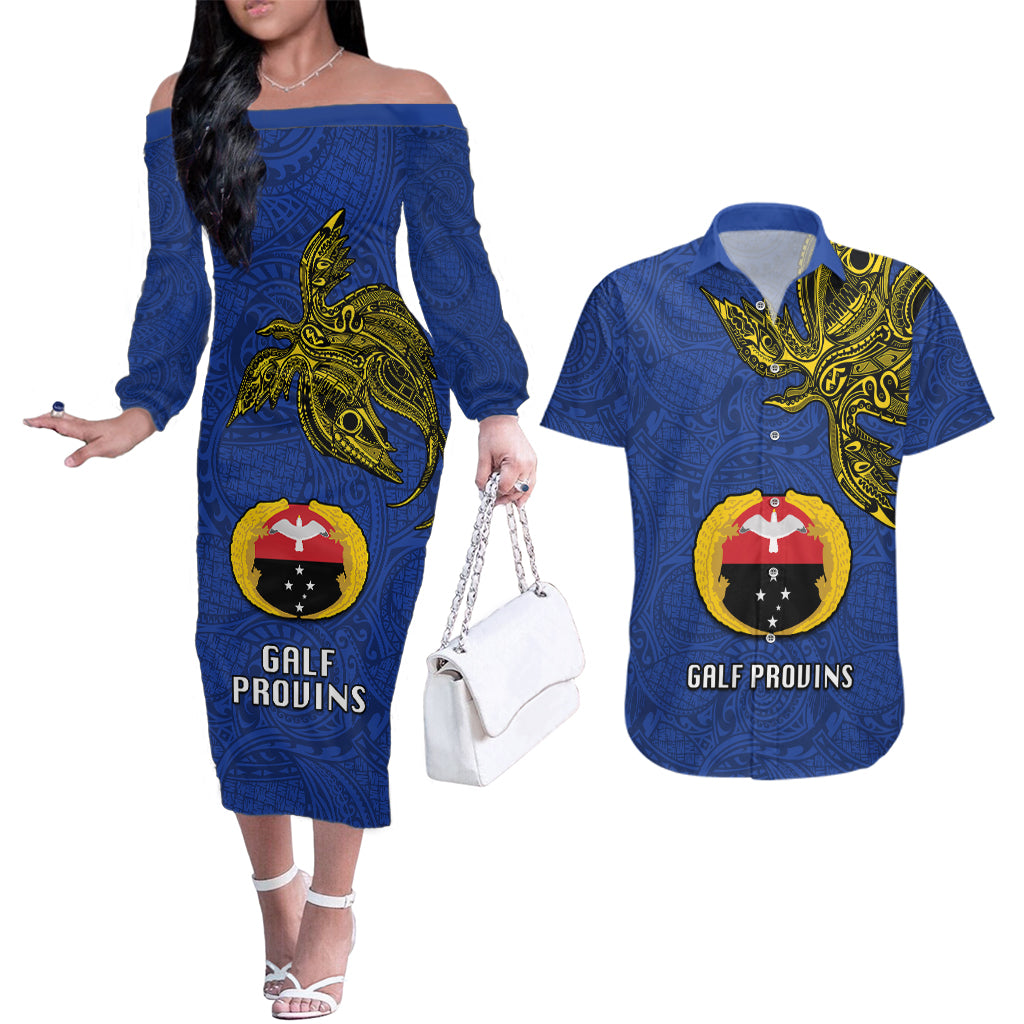 Papua New Guinea Gulf Province Couples Matching Off The Shoulder Long Sleeve Dress and Hawaiian Shirt PNG Birds Of Paradise Polynesian Arty Style LT03 Blue - Polynesian Pride