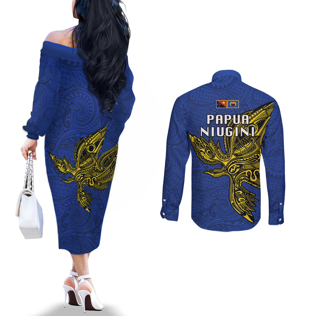 Papua New Guinea Gulf Province Couples Matching Off The Shoulder Long Sleeve Dress and Long Sleeve Button Shirts PNG Birds Of Paradise Polynesian Arty Style LT03 - Polynesian Pride
