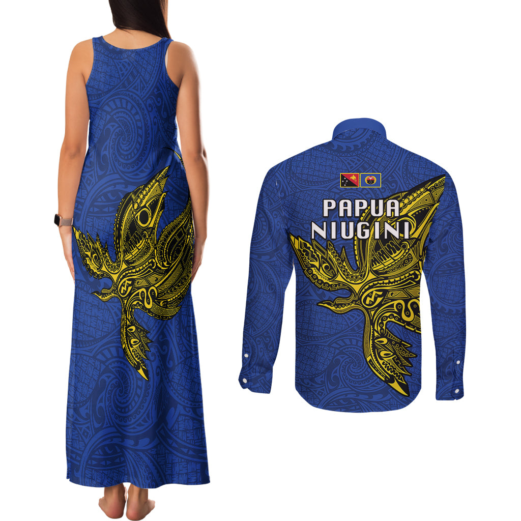 Papua New Guinea Gulf Province Couples Matching Tank Maxi Dress and Long Sleeve Button Shirts PNG Birds Of Paradise Polynesian Arty Style LT03 - Polynesian Pride