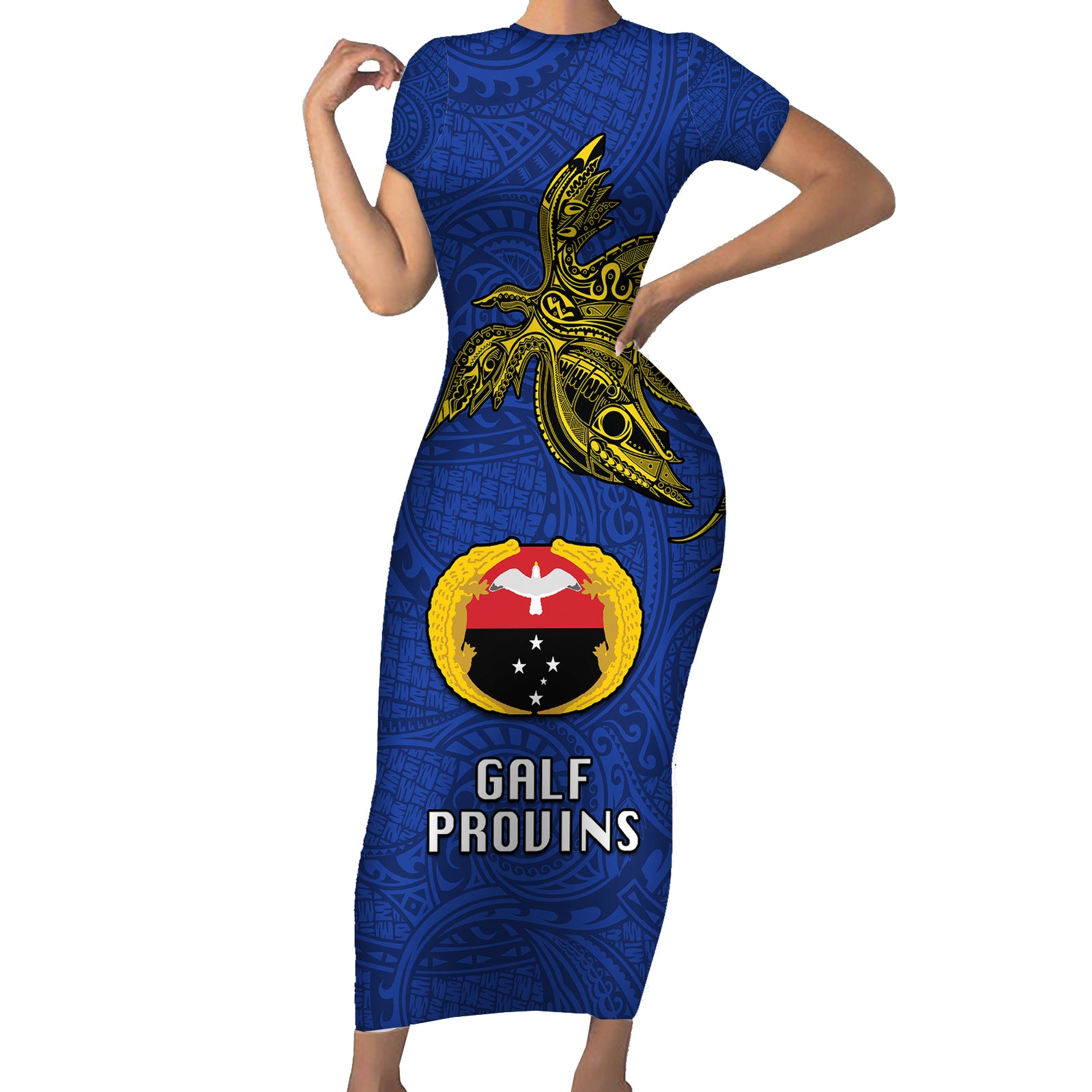 Papua New Guinea Gulf Province Short Sleeve Bodycon Dress PNG Birds Of Paradise Polynesian Arty Style LT03 Long Dress Blue - Polynesian Pride